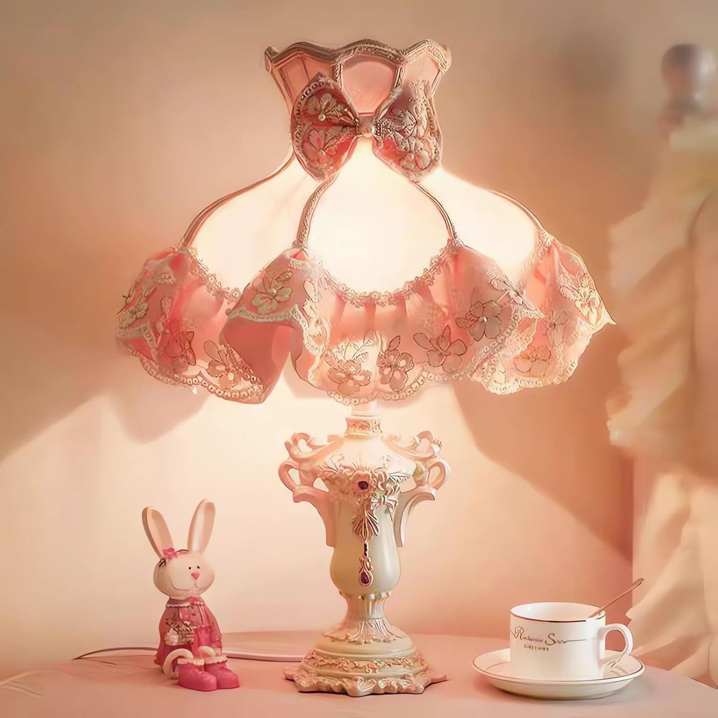 Pink Princess Table Lamp, Victorian Lace Bow Bedside Lamp with Soft Light, Resin Base Desk Lamp for Bedroom Vanity Nursery