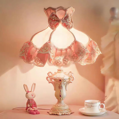 Pink Princess Table Lamp, Victorian Lace Bow Bedside Lamp with Soft Light, Resin Base Desk Lamp for Bedroom Vanity Nursery