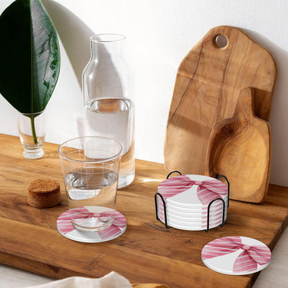 Light Pink Watercolor Bow with White Stripes Ceramic Coasters with Holder Set of 6 Coffee Cup Drink Coasters