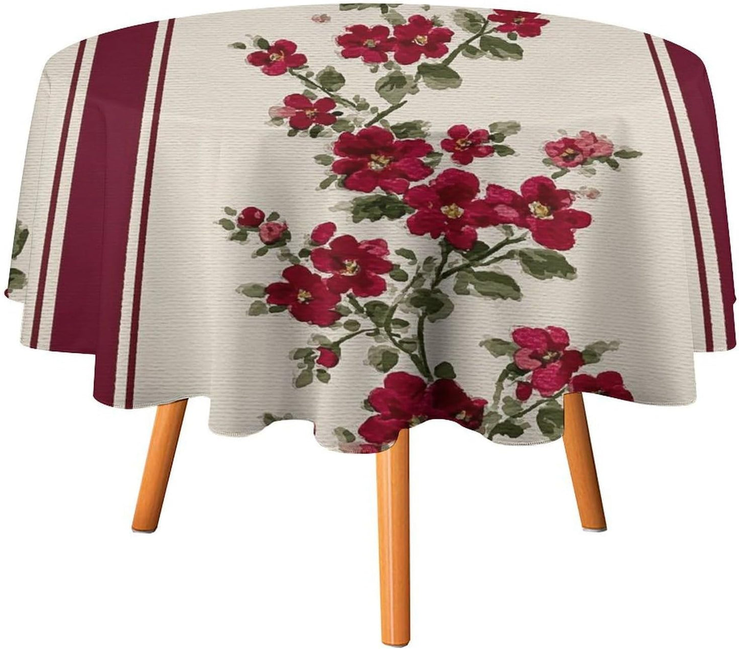 Tiny Pink Flowers Burgundy Victorian Stripes Round Tablecloth Washable Decorative Table Cover for Dining Table Party Restaurant 60 Inch