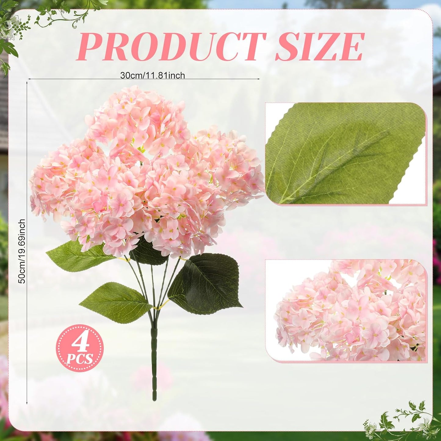 Hotop Hydrangea Artificial Flower Bush for Outdoor 19.6inch Large Silk Hydrangea 5 Heads Realistic UV Resistant Fake Flower for Porch Bouquet Window Box Wedding Indoor(4 Pcs,Pink)