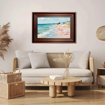 Framed Pastel Coastal Canvas Wall Art Pink Beach Umbrella Painting Picture Wall Decor Tropical Beach Scene Poster Print Artwork for Preppy Living Bedroom Bathroom Home Decoration 9x11 in