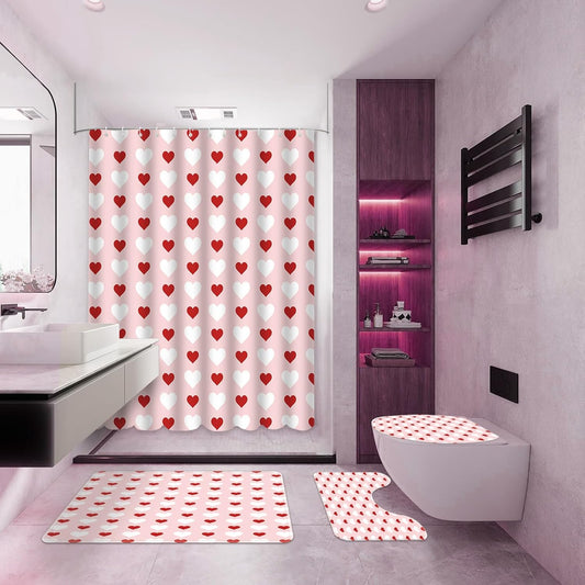 MEHOFOND 4pcs Valentines Shower Curtain Set Pink and Red Little Heart Shower Curtain Sets for Valentine's Day Bathroom Decor Sweetheart Shower Curtains with Non-Slip Rugs Toilet Lid Cover and Bath Mat
