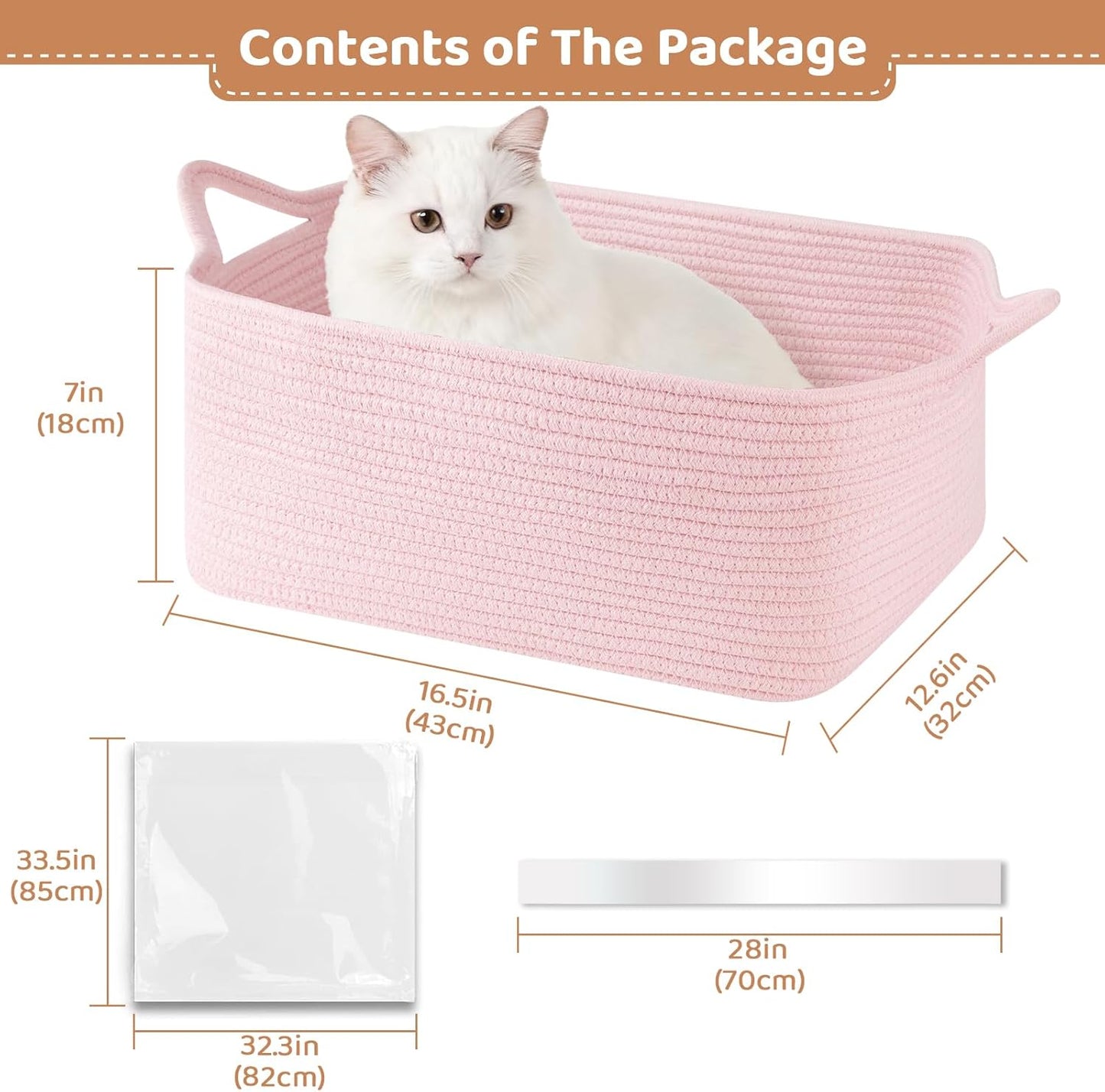 OIASKET Large Empty Gift Baskets for Baby Shower, 16.5" L x 12.6" W x 7" H Cute Woven Storage Basket with Gift Bags and Ribbons, Small Rope Toy Basket with Handles, Cat Dog Pet Toy Organizer - Pink