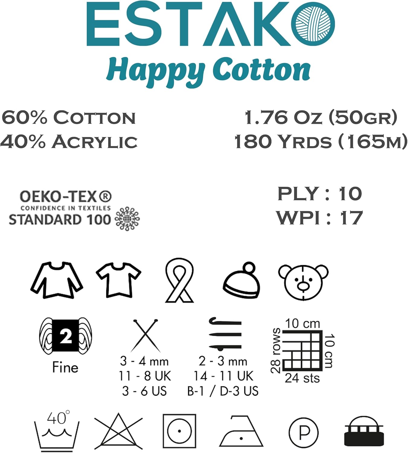 Estako Happy Cotton, 60% Cotton 40% Acrylic Yarn, Soft, Fine/Sport (2) for Crochet and Knitting 1.76 Oz (50g) / 180 Yrds (165m) (4310 - Baby Pink)