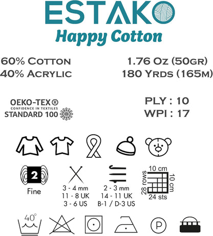 Estako Happy Cotton, 60% Cotton 40% Acrylic Yarn, Soft, Fine/Sport (2) for Crochet and Knitting 1.76 Oz (50g) / 180 Yrds (165m) (4310 - Baby Pink)