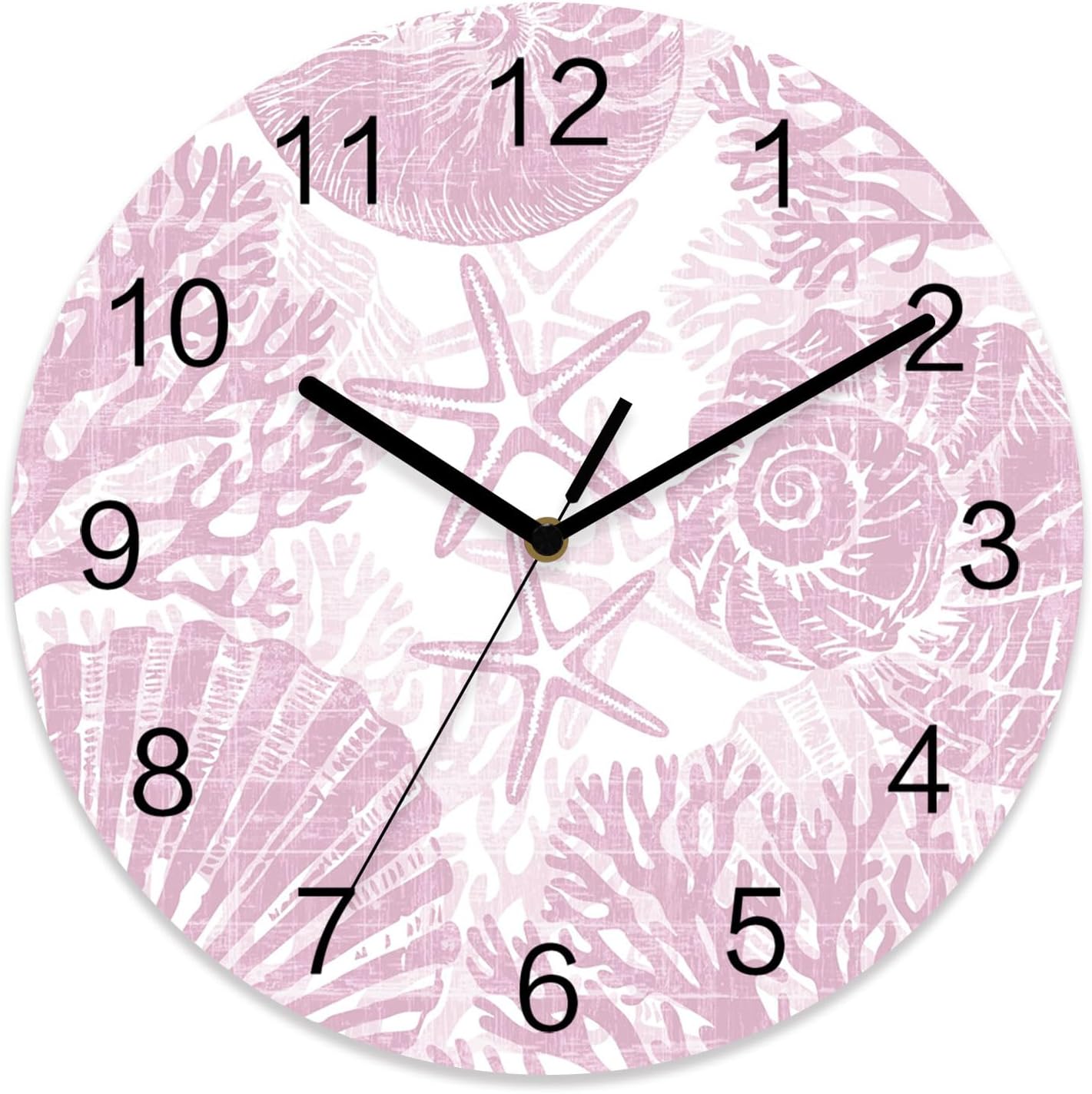 Coral Wall Clock Battery Operated Non-Ticking 10" Round Wood Clocks, Ocean Coral Coastal Marine Pink Kitchen Wall Clock for School Bathroom Living Room Home Office Wall Decor