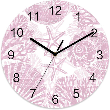 Coral Wall Clock Battery Operated Non-Ticking 10" Round Wood Clocks, Ocean Coral Coastal Marine Pink Kitchen Wall Clock for School Bathroom Living Room Home Office Wall Decor
