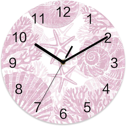 Coral Wall Clock Battery Operated Non-Ticking 10" Round Wood Clocks, Ocean Coral Coastal Marine Pink Kitchen Wall Clock for School Bathroom Living Room Home Office Wall Decor