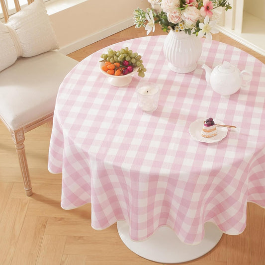 Laolitou Pink Gingham Table Cloth Round Tables Buffalo Plaid Checkered Tablecloth Cotton Linen Farmhouse Tablecloths Washable Wrinkle Free for Baby Shower Picnic Kitchen, 60", 2-4 Seats