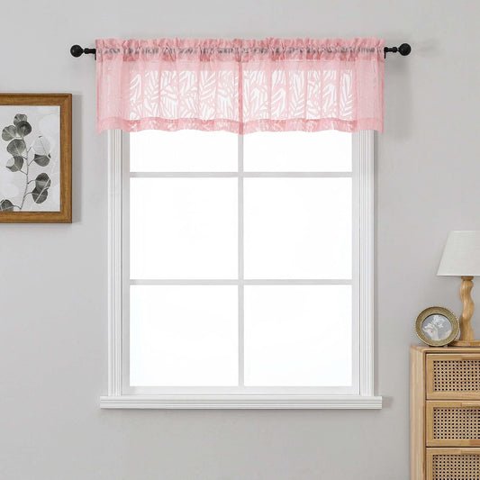 OVZME Blush Pink Valances for Windows 14 Inch Length 2 Panels, Dual Rod Pocket Light Filtering Valances for Kitchen, Soft Airy Short Sheer Curtains with Leaf Jacquard Clip Design, 2x42Wx14L Inches