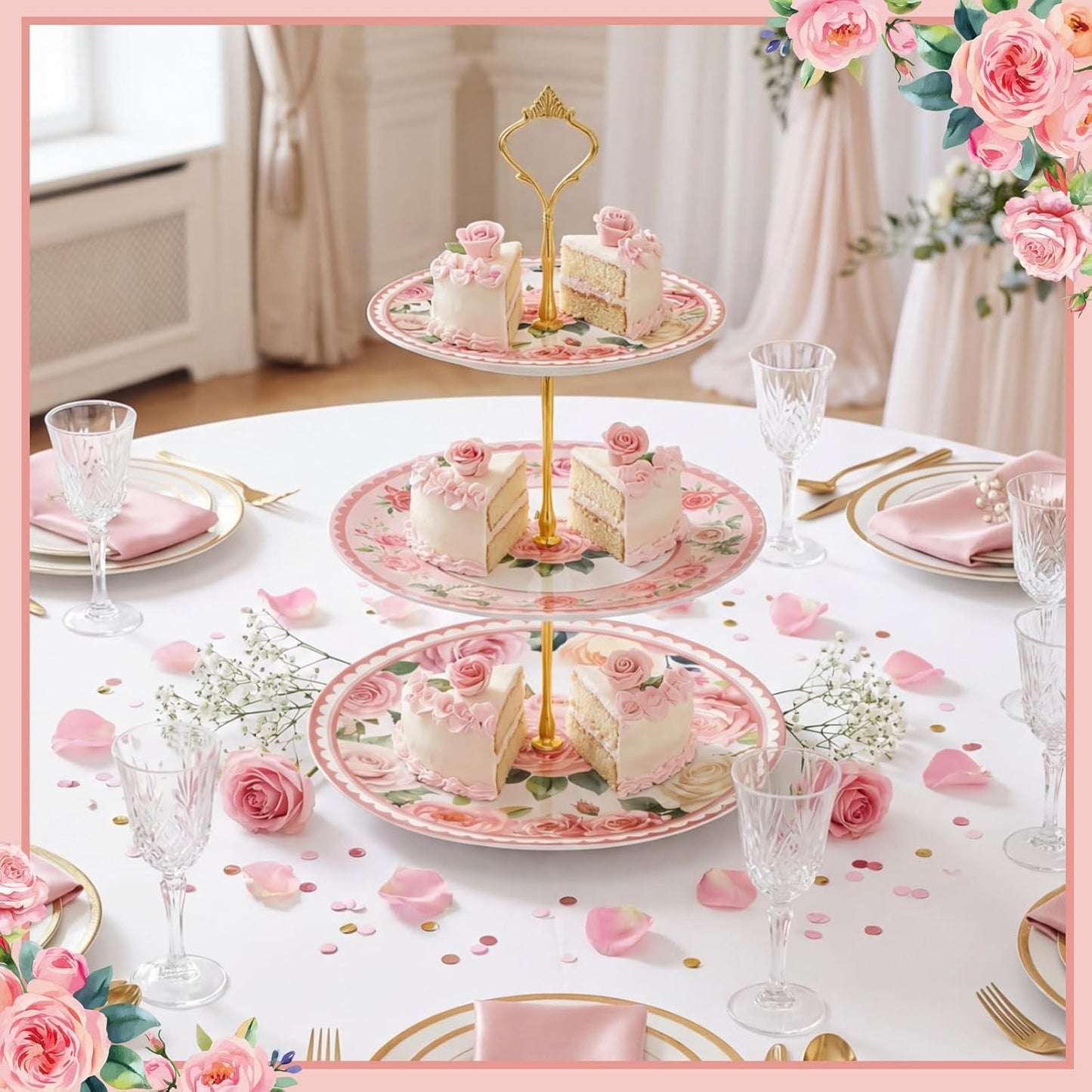Lallisa Pink Floral Party 3 Tier Dessert Stand 10", 9" and 7" Ceramic Serving Tray Dessert Cupcake Display Holder Tower for Wedding Baby Bridal Shower Tea Party Decoration