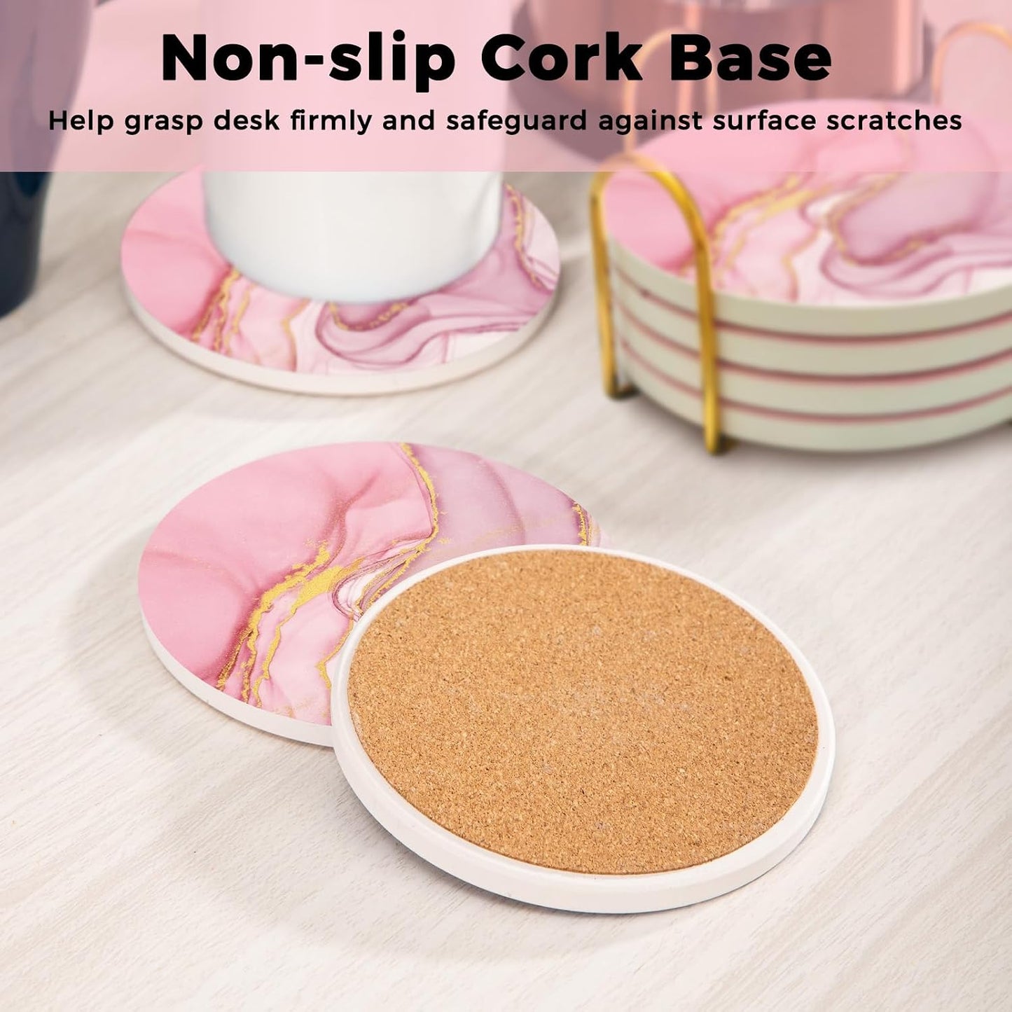 Pink Coasters Set of 6, Absorbent Ceramic Coasters for Drinks with Gold Holder, Cork Backing, for Table Home Kitchen Decor Housewarming