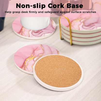 Pink Coasters Set of 6, Absorbent Ceramic Coasters for Drinks with Gold Holder, Cork Backing, for Table Home Kitchen Decor Housewarming