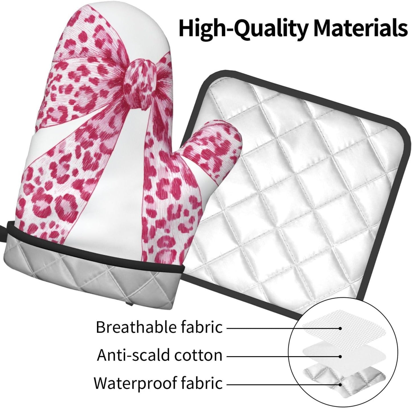 Light Pink Leopard Bow Oven Mitts and Pot Holders Sets,Heat Resistant Potholder Kitchen Decor for Cooking Baking BBQ, Oven Glove Set