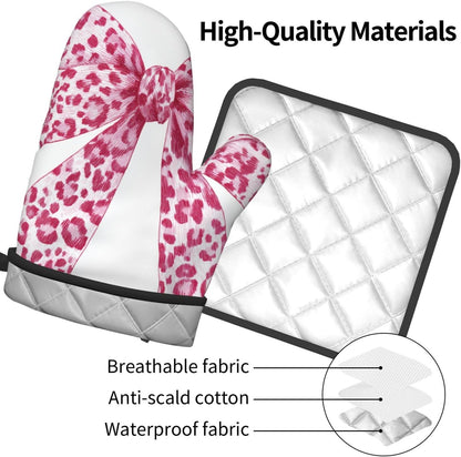 Light Pink Leopard Bow Oven Mitts and Pot Holders Sets,Heat Resistant Potholder Kitchen Decor for Cooking Baking BBQ, Oven Glove Set