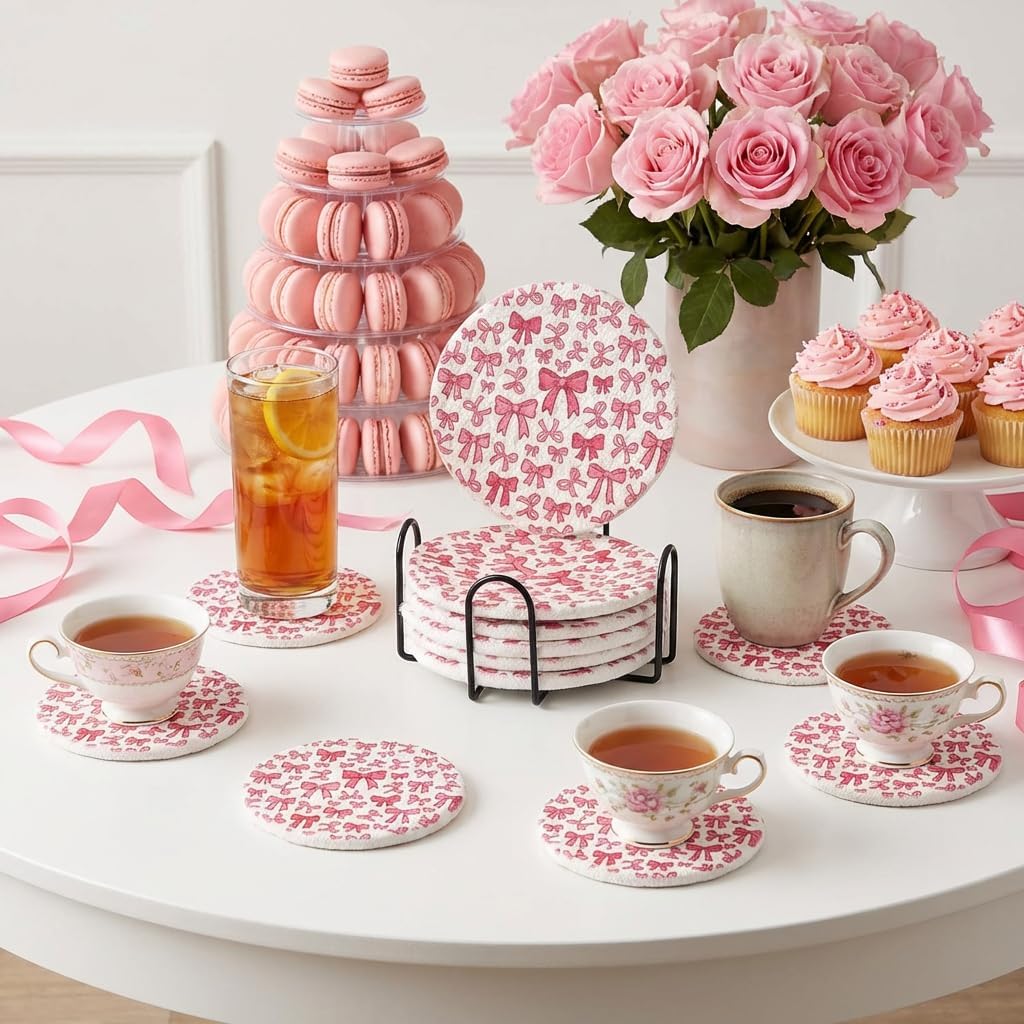 Absorbent Coasters for Drinks, Scratch-Resistant Woven Cotton Coaster Set of 6 with Holder, Pink Bow Coquette Aesthetic Decor for Coffee Table & Office Desk, Cute Kawaii Preppy Room Decor