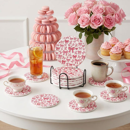 Absorbent Coasters for Drinks, Scratch-Resistant Woven Cotton Coaster Set of 6 with Holder, Pink Bow Coquette Aesthetic Decor for Coffee Table & Office Desk, Cute Kawaii Preppy Room Decor