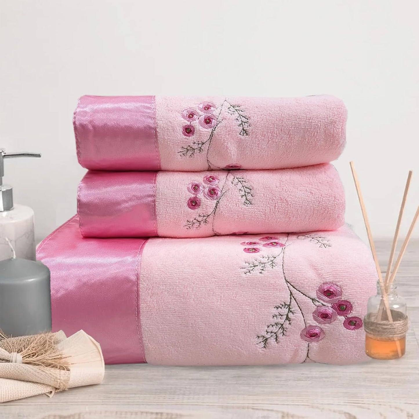 ABREEZE Pink Plum Blossom-Embroidered Bath Towel Set, 3 Pieces，Soft, Skin-Friendly and Water-Absorbent, Mother's Day and Valentine's Day Gift(1 Bath Towel,2 Hand Towels)