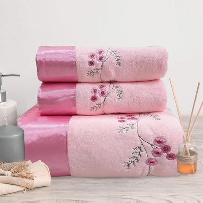 ABREEZE Pink Plum Blossom-Embroidered Bath Towel Set, 3 Pieces，Soft, Skin-Friendly and Water-Absorbent, Mother's Day and Valentine's Day Gift(1 Bath Towel,2 Hand Towels)