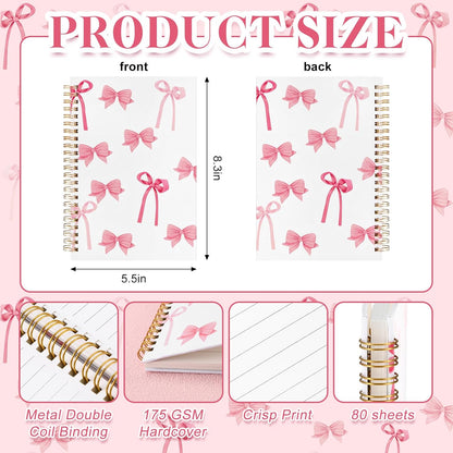 Marspark Cute Pink Bow Diary Journal for Teen Girls Women Back to School Stuff A5 Girly Ribbon Bow Spiral Notebook Coquette Aesthetic Stuff for Office School Day Classroom Prize Birthday Gifts 160page