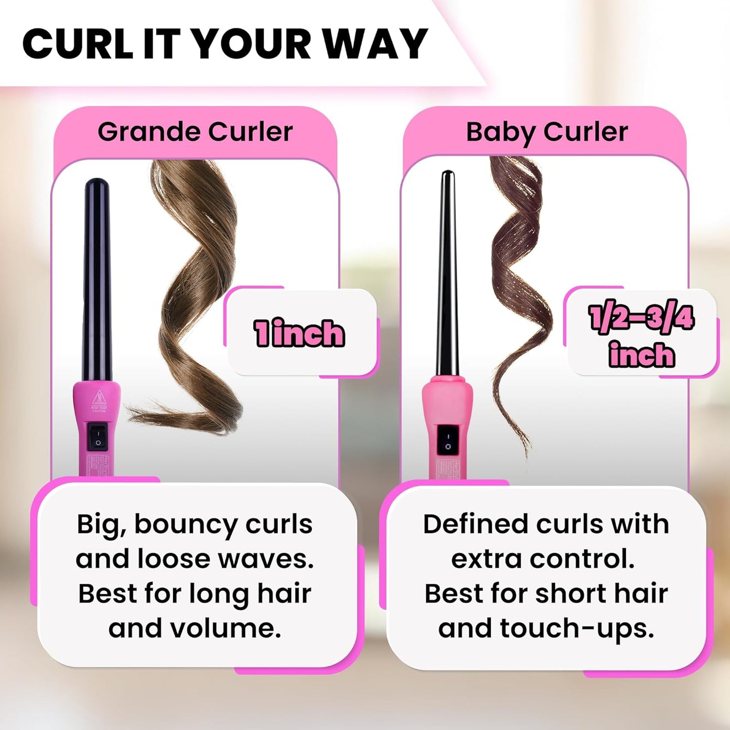 HerStyler Grande Ceramic Curling Iron - 1 inch, Pink (Curling Wand for Long Short Hair, Dual Voltage, Negative Ions, Tapered Barrel, User Friendly, PF30)