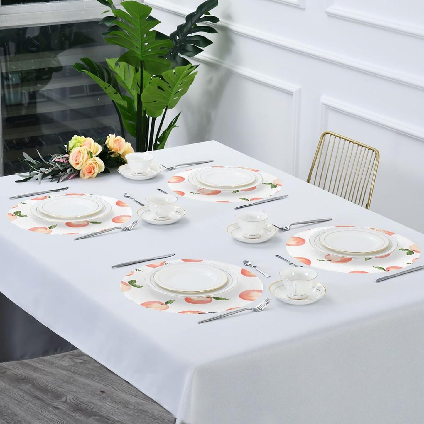Peach Pattern Round Placemats Set of 6 for Dining Table, 15 Inch Non-Slip Washable Heat-Resistant Table Mats for Party Kitchen Dining Decoration