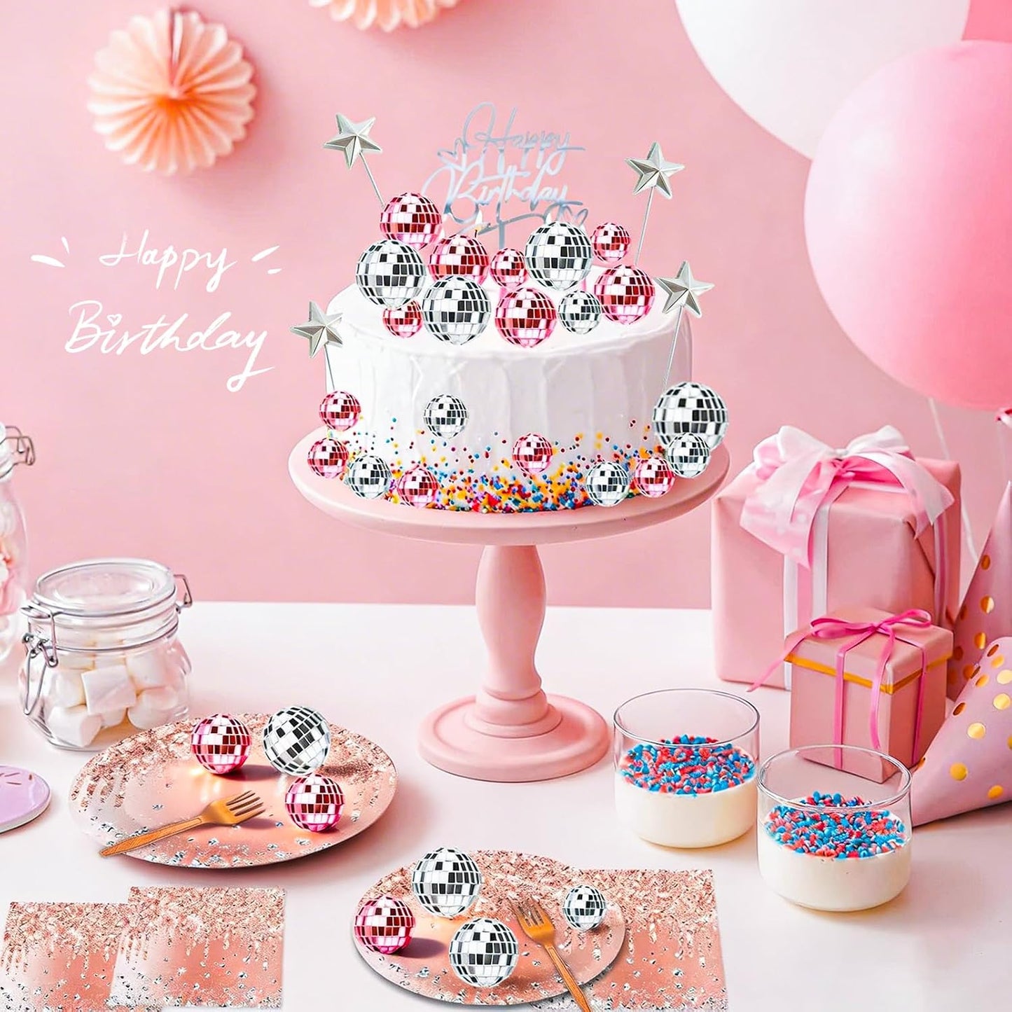 29 Pcs Disco Ball Cupcake Toppers, Mini Disco Balls for Cake, Pink and Silver Shiny Mirror Ball Picks, Disco Ball Cake Decorations for 70s Retro Birthday Dessert Party
