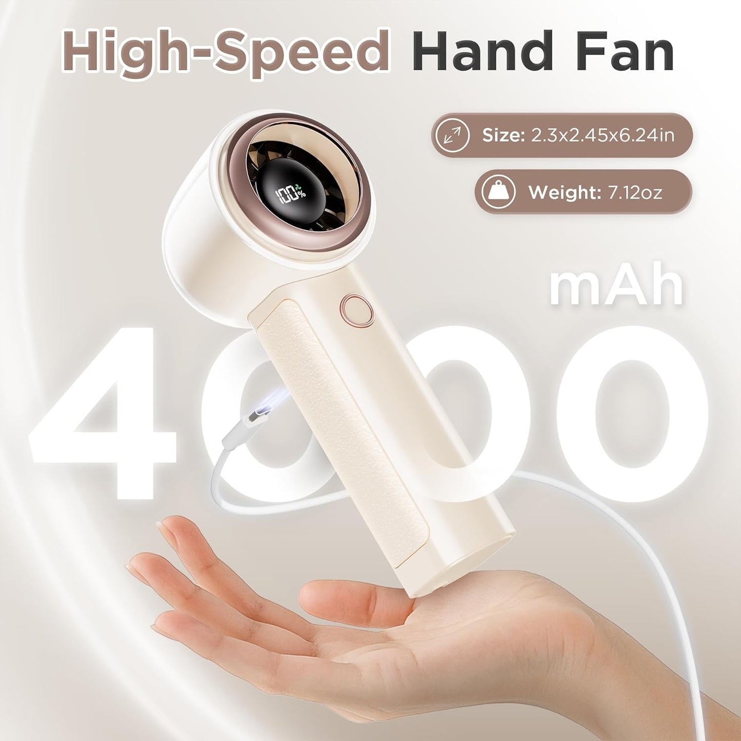 Portable Handheld Personal Cool Fan for Travel - 4000mAh Rechargeable Battery Powerful Mini Fan for Personal,Women,Men,15000RPM High Speed,18H Cooling Time,Summer Essential for Outdoor,Camping,Hiking