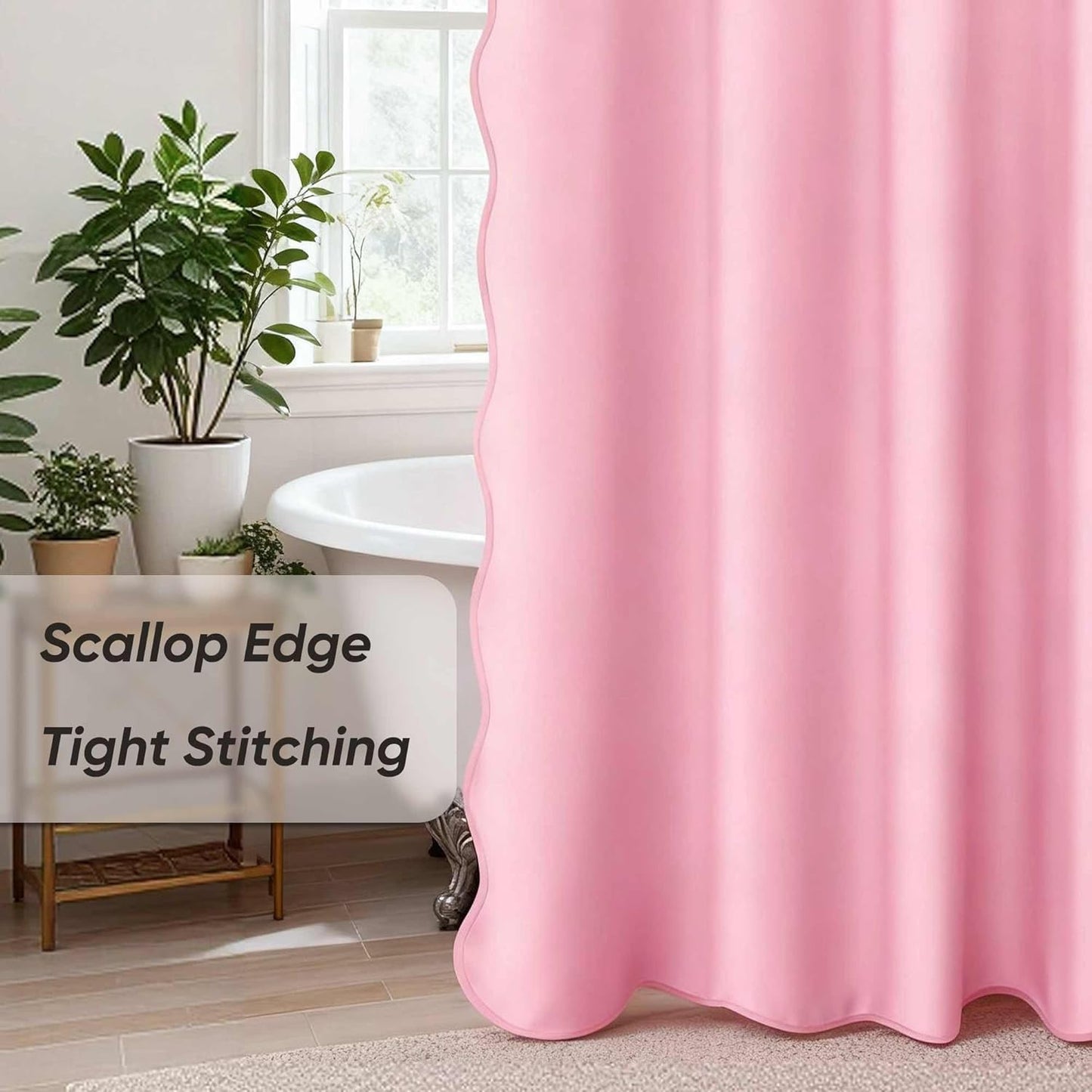 WELTRXE Scalloped Shower Curtain Linen Textured with 12 Metal Hooks Cute Modern Style, Washable Waterproof Cloth Shower Curtains with Pink Border for Bathroom Decor Hotel Bathtub, Pink, 72x72