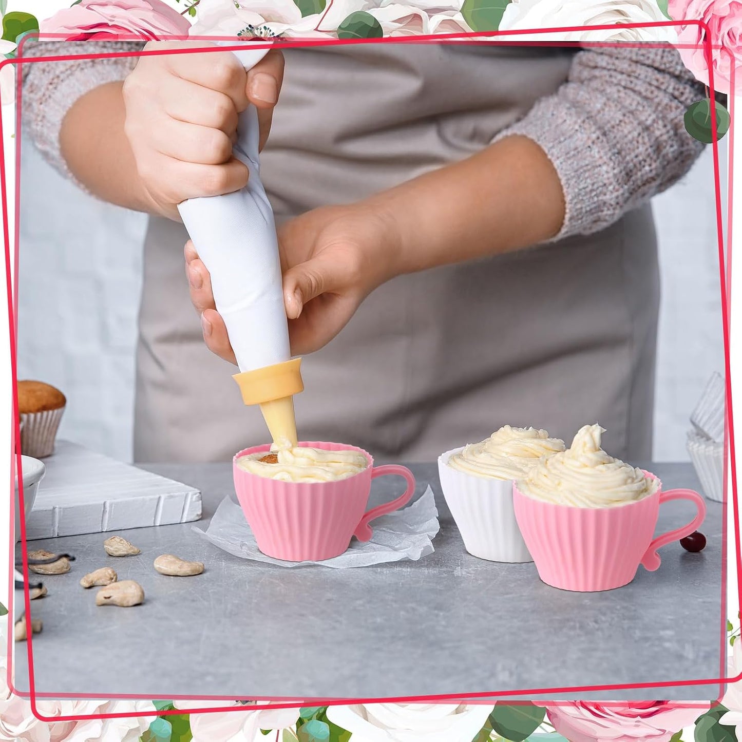 Vesici 24 Pcs Silicone Teacup Cupcake Molds Muffin Cups for Baking, Teacup Cupcake Liners, Reusable Baking Muffin Liners for Bridal Baby Shower Birthday Tea Party, 12 Cups 12 Saucers, White and Pink