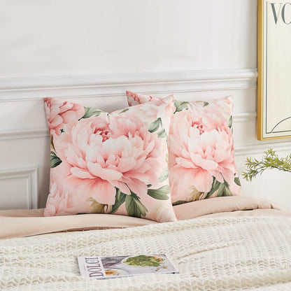 Pink Peony Floral Throw Pillow Covers 18x18 Set of 2, Soft Velvet Decorative Cushion Cases, Shabby Chic Farmhouse Home Decor for Sofa Couch Bed
