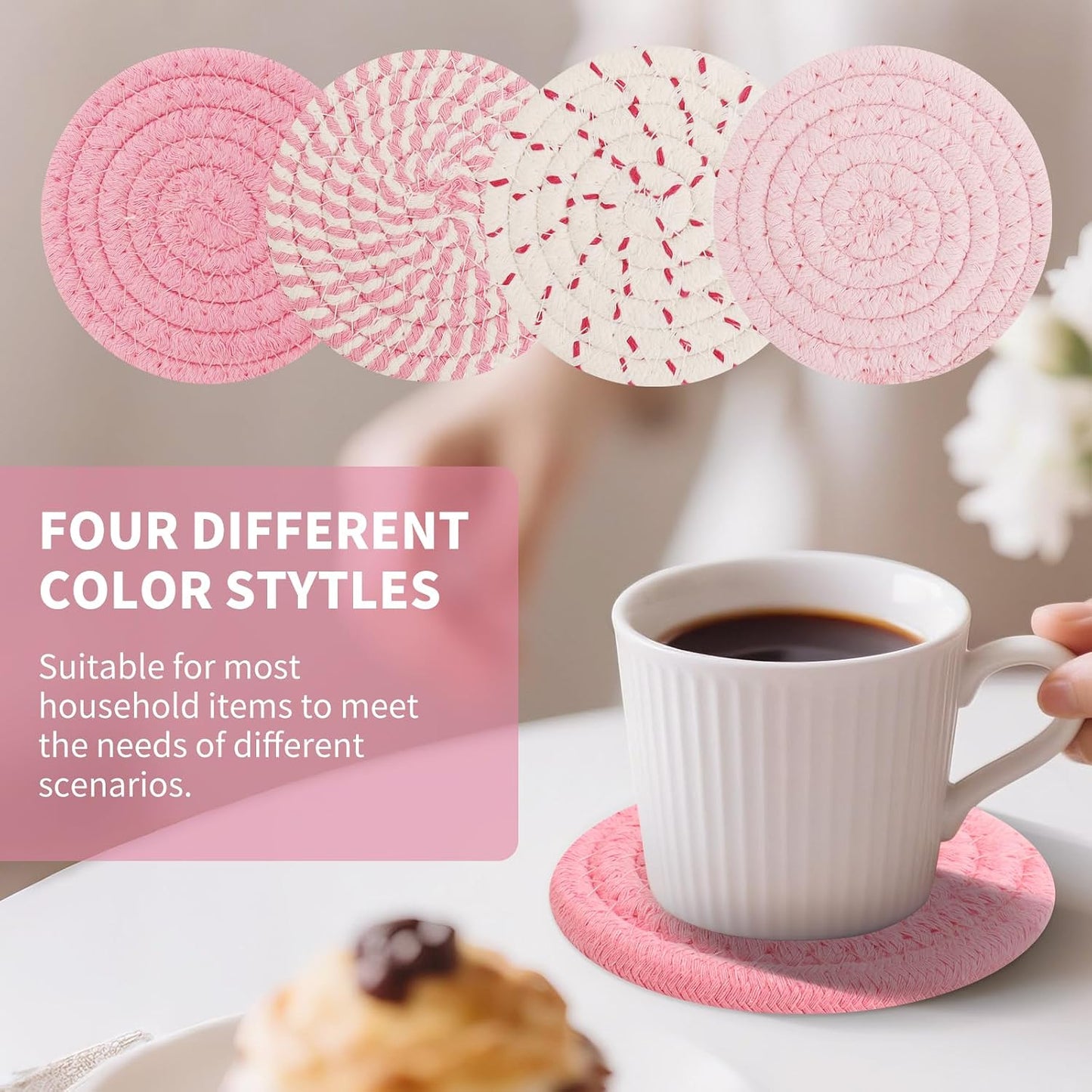 Pink Cotton Rope Coasters Set of 8, for Office and Living Room | With Holder, Non-slip, Absorbent, Heat Resistant, Cute Design, Easy to Clean, Everyday Home Use, Gifts for Women