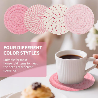 Pink Cotton Rope Coasters Set of 8, for Office and Living Room | With Holder, Non-slip, Absorbent, Heat Resistant, Cute Design, Easy to Clean, Everyday Home Use, Gifts for Women