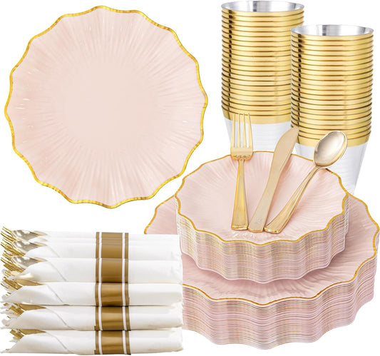 U-QE 175PCS Pink Gold Plastic Plates - Disposable Dinnerware Set for 50 Guests - Pink and Gold Plates and Napkins Party Supplies include 50 Plates, 25 Per Rolled Napkins with Gold Cutlery, 25 Cups