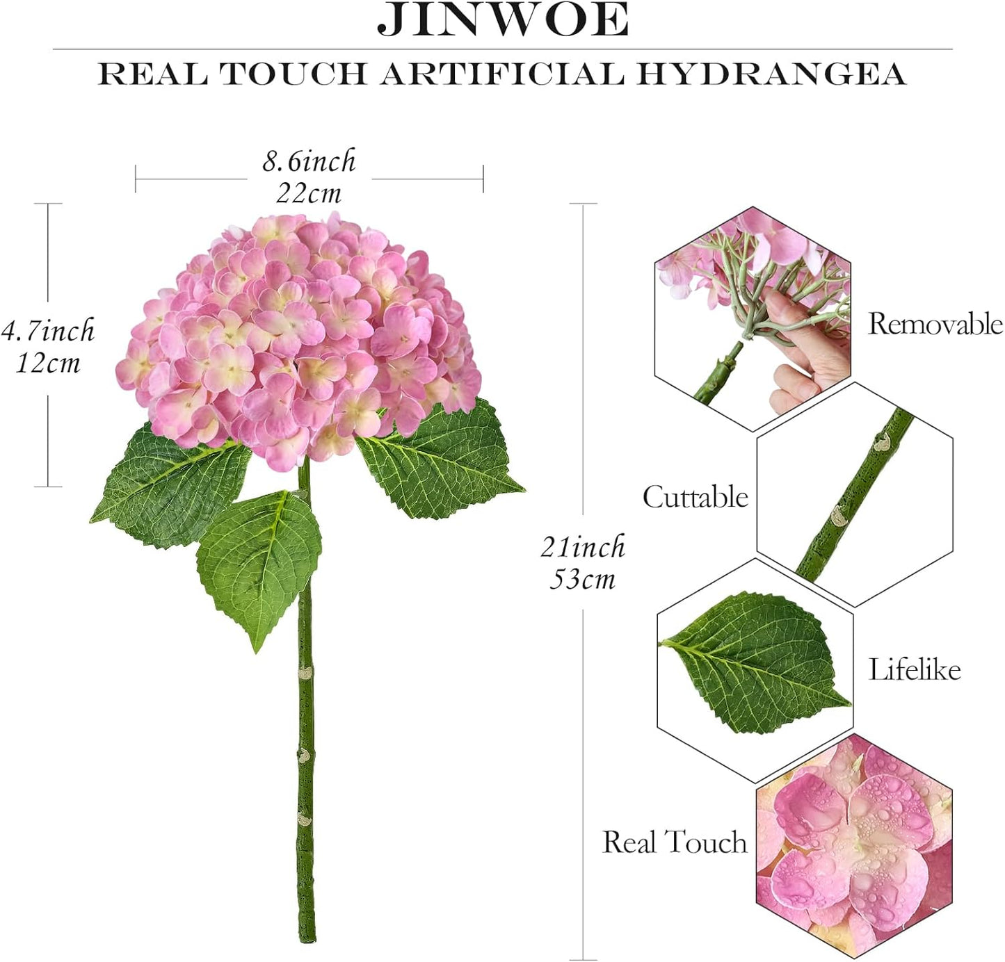 JINWOE 3pcs 21" Pink Real Touch Fake Hydrangea Flowers, Latex Full Lifelike Silk Artificial Hydrangeas Fake Flowers for Bouquet Table Centerpieces Spring Wedding Indoor Home