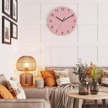 Coral Pink Linen Weave Wall Clock Battery Operated Non-Ticking 12" Round Wood Clocks, Soft Pastel Texture Kitchen Wall Clock for School Bathroom Living Room Home Office Wall Decor