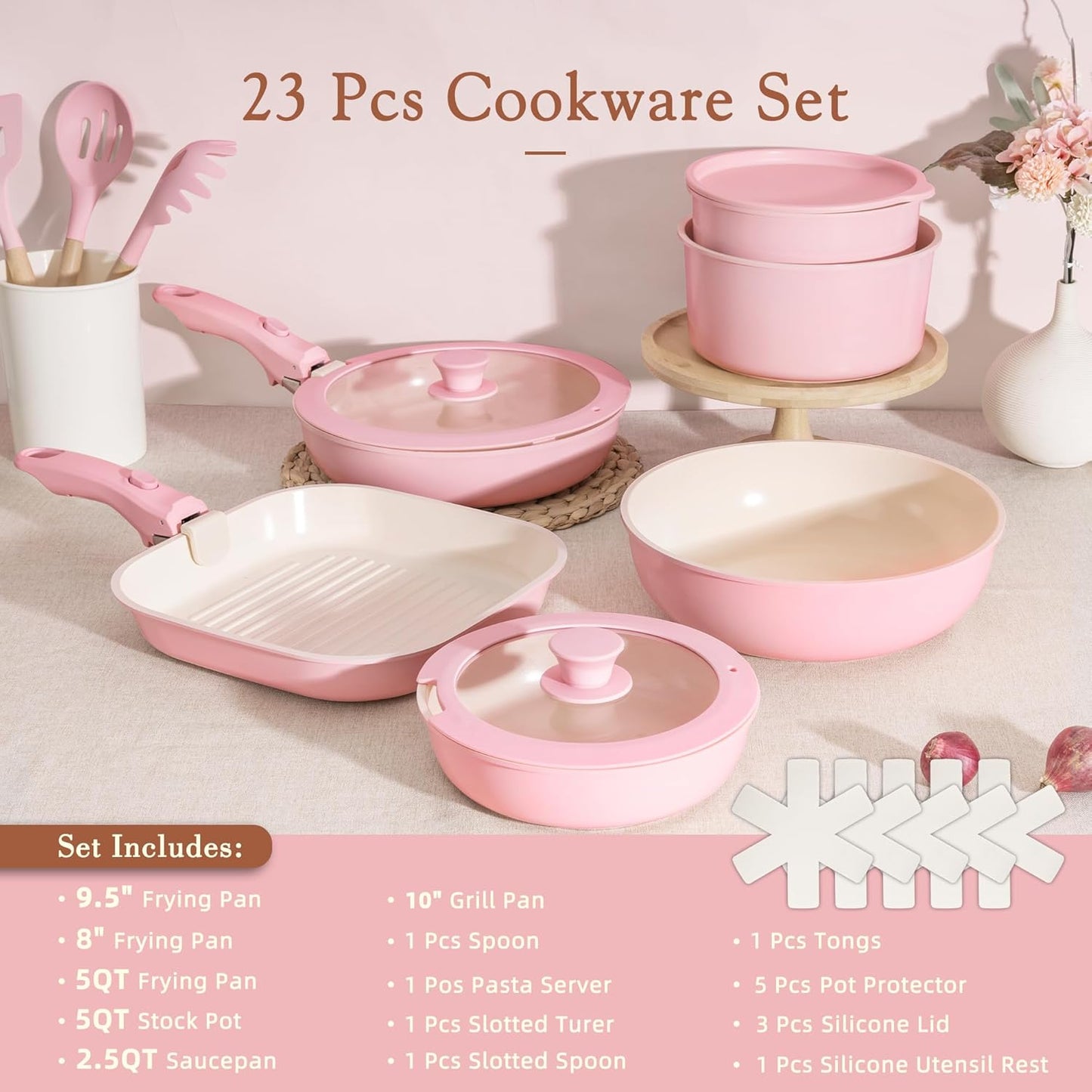 Astercook 23 Pcs Pots and Pans Set Non Stick, Ceramic Cookware Set Detachable Handle, RV Kitchen Cooking Set Removable Handles, Oven Safe, Induction Ready, Stackable, Pink, Mothers Day Gifts