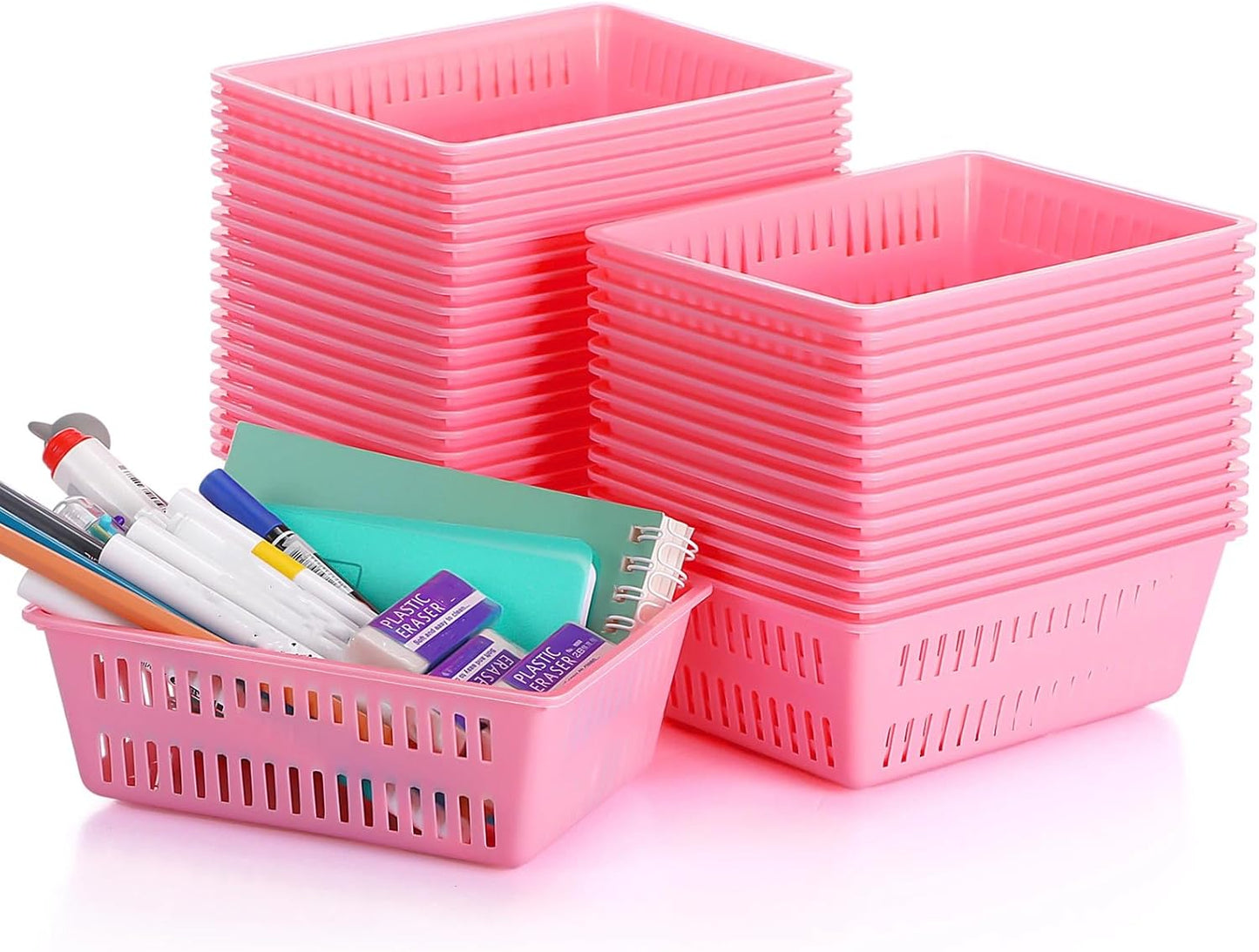 Sherr 36 Pack Classroom Storage Basket Small Plastic Basket for Organizing Crayon Pencil Container Storage Bin Tray Holder for Paper Shelf Back to School Office Supply 6.1" l x 4.3" w x 2.4" h(Pink)