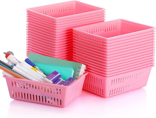 Sherr 36 Pack Classroom Storage Basket Small Plastic Basket for Organizing Crayon Pencil Container Storage Bin Tray Holder for Paper Shelf Back to School Office Supply 6.1" l x 4.3" w x 2.4" h(Pink)