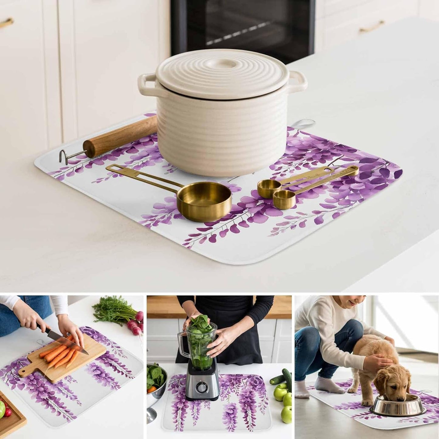 Dish Drying Mat Wisteria Floral Absorbent, Non-Slip Drying Mats Light Pink Leaf Kitchen Counter Mat for Plates, Glasses, Utensils – Quick-Dry Home Decor 2 Pack 16" x 18"