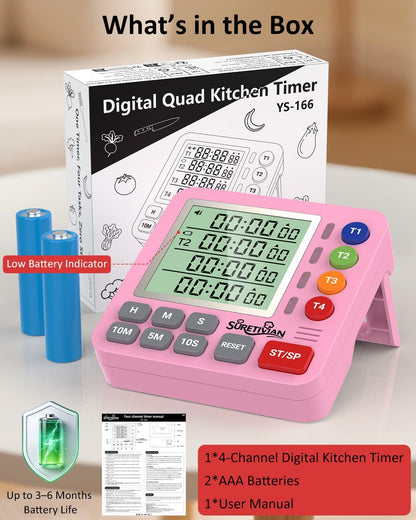 Digital Kitchen Timer for Cooking - 4 Channel Count Up Countdown Timer with Loud Alarm and Silent Mode, Large Display, Magnetic Back, Auto Memory for Classroom Study Gym, Battery Included (Pink)