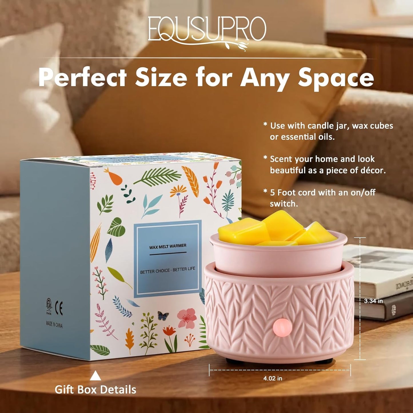 EQUSUPRO Wax Melt Warmer for Scented Wax - 4-in-1 Electric Ceramic Candle Wax Warmer Fragrance Wax Burner Melter for Home Office Decor & Gift for Women (Pink Leaf)