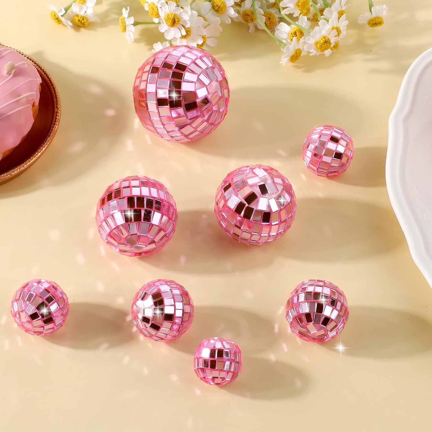 Abeillo 7PCS Disco Ball Cake Topper, Pink Disco Ball Cake Decorations, 4 Sizes Disco Ball Decor, 70s Disco Theme Party Supplies, Disco Balls Cupcake Topper for Disco Music Dance Decoration