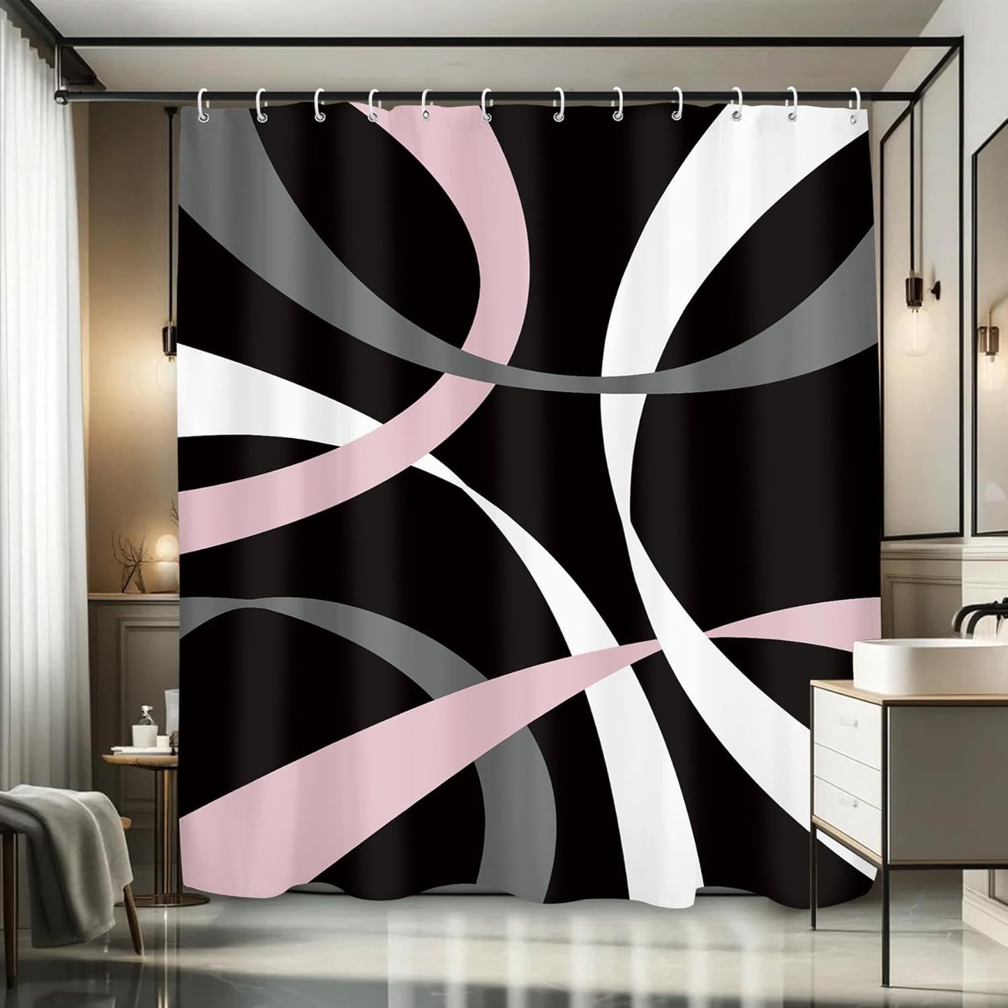 Abstract Line Minimalist Shower Curtain 60Wx71L, Black Pink Gray Shower Curtains for Bathroom Decor, Geometric Modern Contemporary Shower Curtain Set Home Decor 12 Pack Hooks