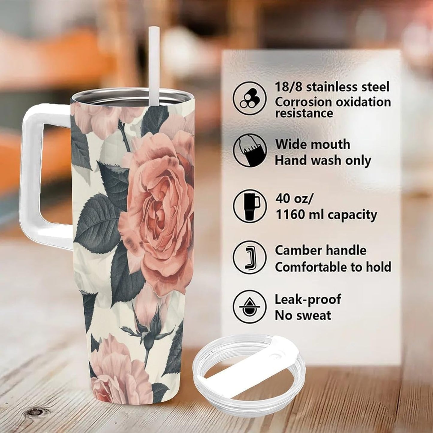 40oz Tumbler with Handle, Peach And White Rose Pattern Printed Stainless Steel Travel Mug, Insulated Car Cup with Straw, Keeps Drinks Hot & Cold, Personalized Gift for Women & Men