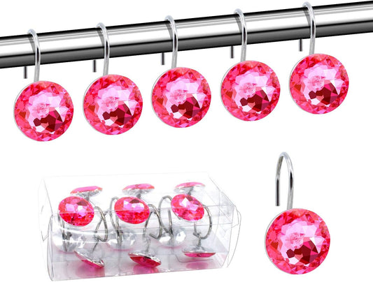 BEAVO Acrylic Fashion Decorative Home Rolling Shower Curtain Hooks Rhinestones Bathroom Bath Baby Room Bedroom Living Room Decor Set of 12 Rings (Pink)