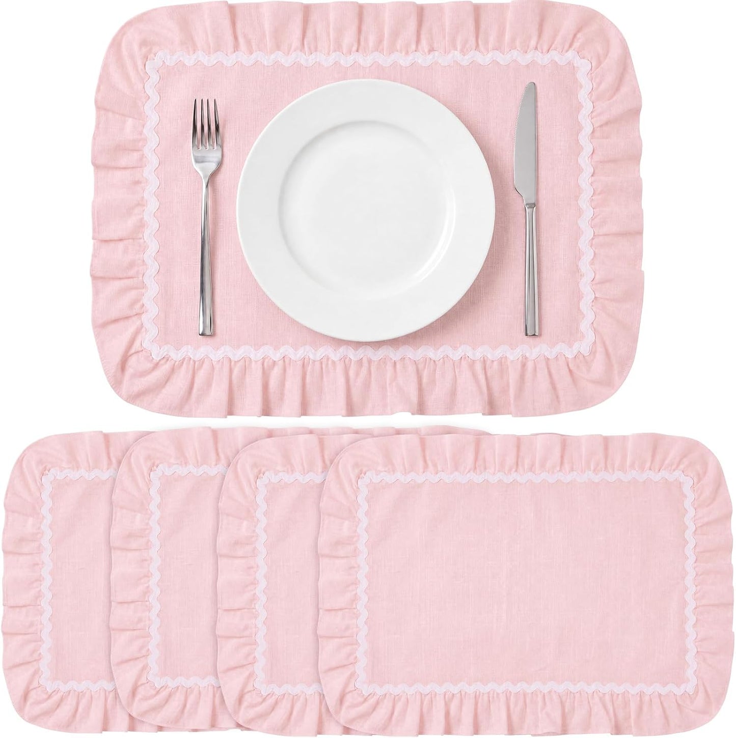 Tegeme Set of 4 Thick Cotton Ruffled Placemats Scalloped Edge Table Mats Washable Machine Flower Place Mats for Wedding Party Kitchen Dining Holiday Birthday Decor(Pink, White,Rectangle Style)