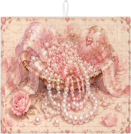 Peach Pearl Dish Drying Mats for Kitchen Counter, Vintage Floral Absorbent Dish Drainer Rack Mat, Romantic Shabby Chic Microfiber Drying Pad for Kitchen Counter Decor 16x18 Inch
