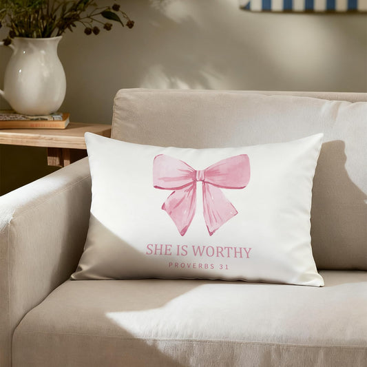 Pink Bow Christian Pillow Covers 12x20, Coquette Room Decor, Proverbs 31 Bible Verse Decorative Throw Pillow Covers Pillowcases for Girls Dorm Apartment Church